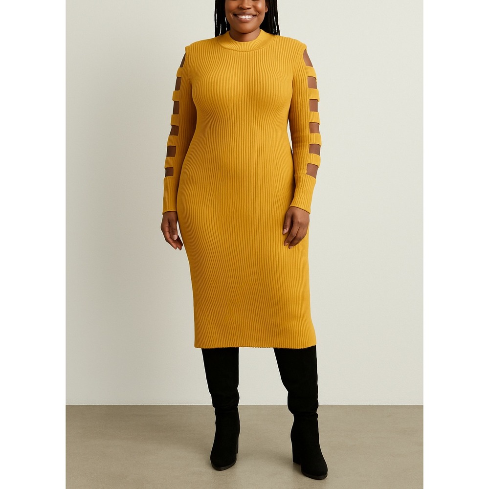 Blue‎ Orchid Mustard Ribbed Cutout Sleeve Sweater Midi Dress Women's Size Large